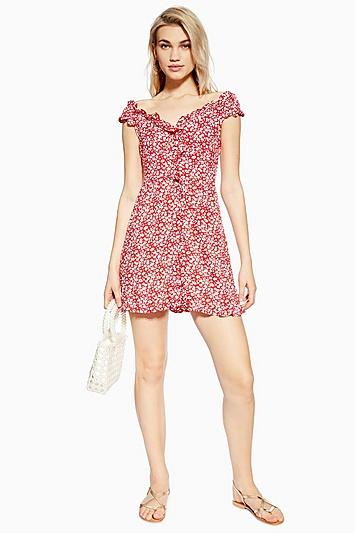 Topshop Petite Ditsy Button Bardot Dress