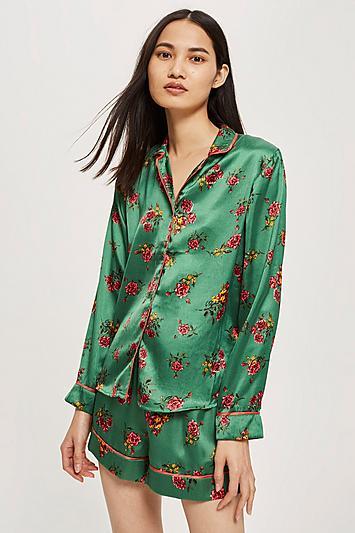 Topshop Green Satin Floral Shirt