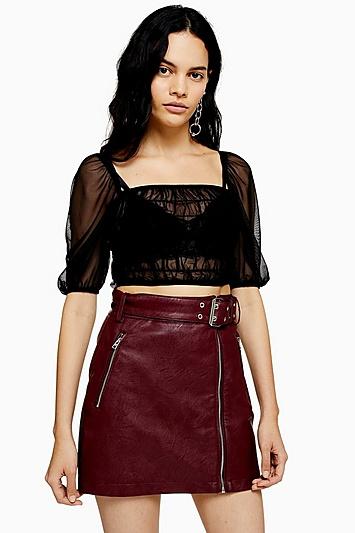 Topshop Black Shirred Mesh Short Sleeve Top