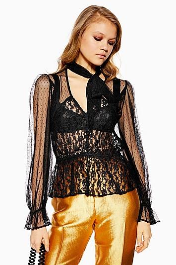 Topshop Lace Mesh Tie Neck Blouse
