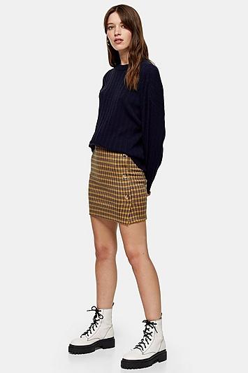 Topshop Mustard Check Jersey Button Mini Skirt