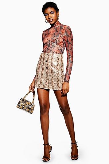 Topshop Petite Snake Print Popper Pu Mini Skirt