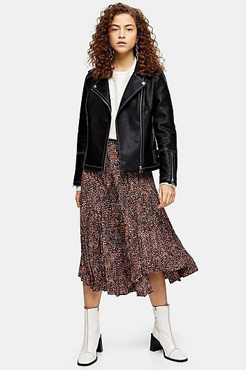 Topshop Petite Brown Animal Textured Pleated Skirt