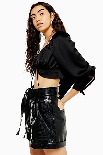 Topshop Black Croc Pu Belted Shorts