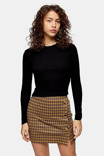 Topshop Petite Black Pointelle Long Sleeve T-shirt