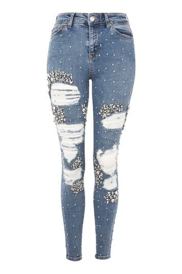 Topshop Limited Edition Moto Mid Blue Super Rip Jeans