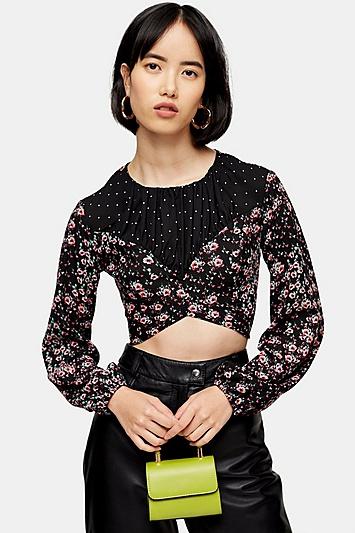 Topshop Mixed Floral Spot Print Tie Back Blouse