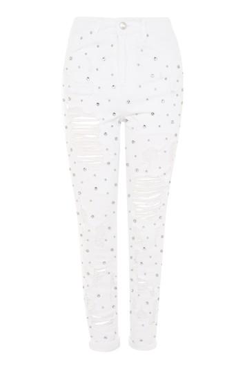 Topshop Moto Limited Edition White Gemstone Super Rip Mom Jeans