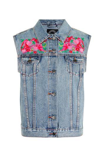 Topshop *embroidered Denim Vest By Kuccia
