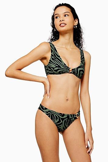Topshop Khaki Tiger Ring Trim Bikini Bottoms