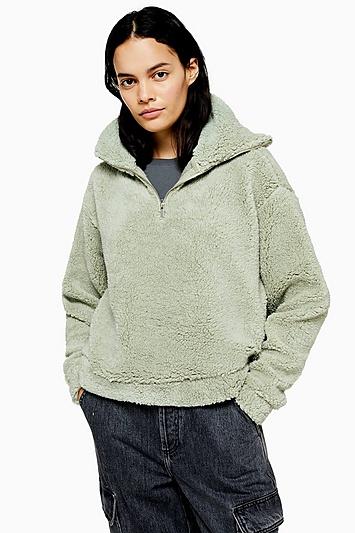 Topshop Half Zip Borg Sweatshirt