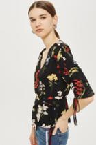 Topshop Floral Ruched Sleeve Wrap Blouse