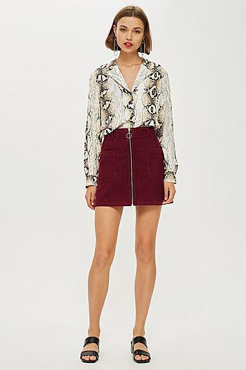 Topshop Burgundy Corduroy Zip Up Skirt