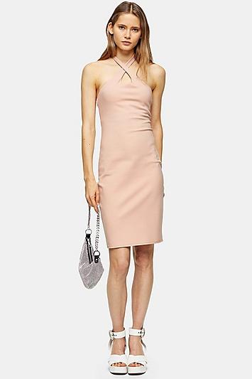 Topshop Nude Pink Cross Halter Neck Midi Dress