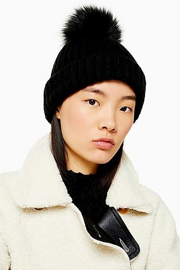 Topshop Black Faux Fur Pom Beanie