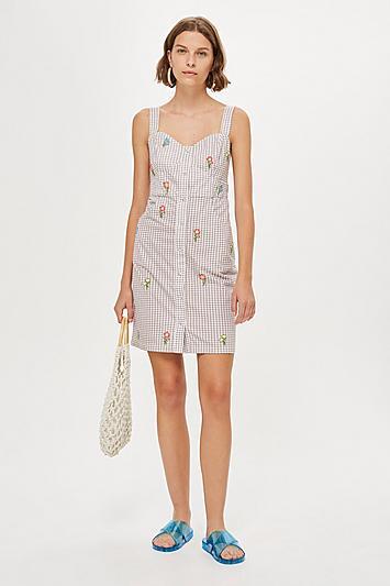 Topshop Tall Gingham Embroided Pinafore Dress