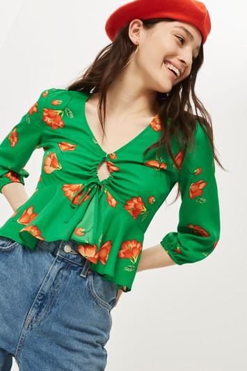 Topshop Floral Print Keyhole Blouse