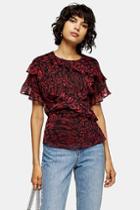 Topshop Red Printed Frill Top