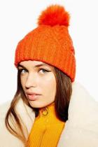 Topshop Cable Knit Beanie With Faux Fur Pom
