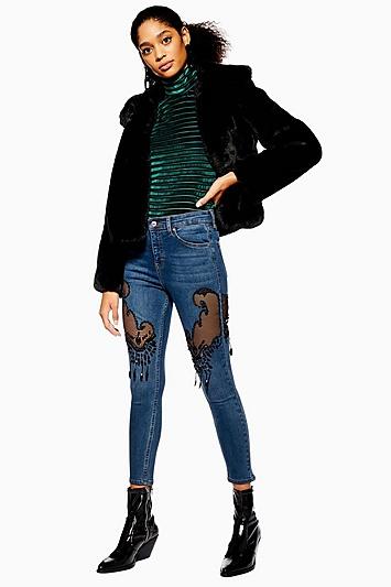 Topshop Mid Blue Fishnet Beaded Jeans