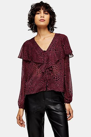 Topshop Heart Animal Print Tie Front Blouse