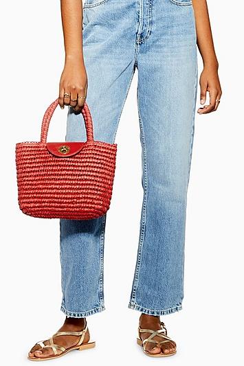 Topshop Red Finch Straw Mini Tote Bag