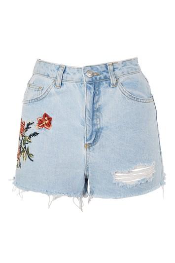 Topshop Moto Flower Embroidered Denim Mom Shorts