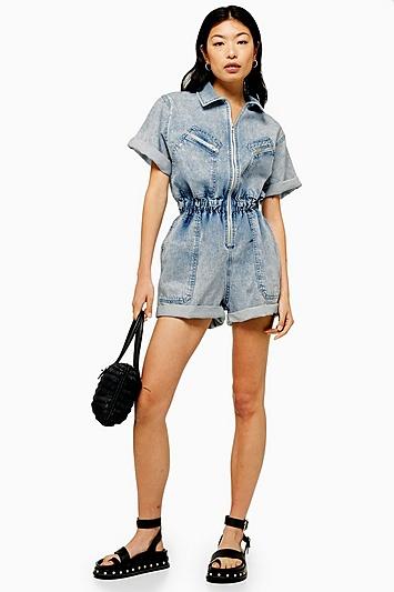 Topshop Acid Wash Zip Playsuit