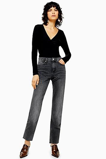Topshop Washed Black Raw Hem Straight Jeans