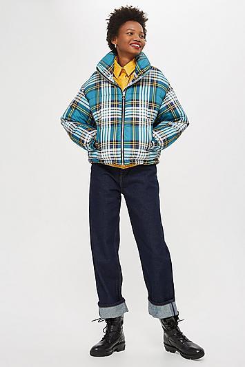 Topshop Tall Tartan Check Puffer Jacket