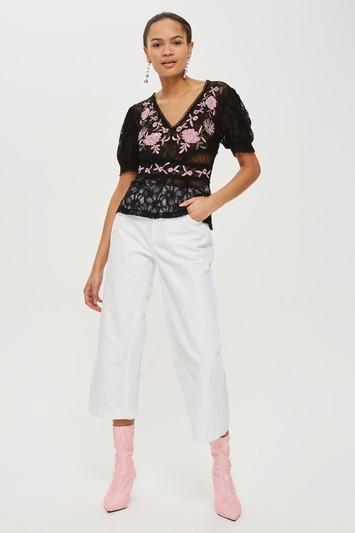 Topshop Floral Print Lace Embroidered Top