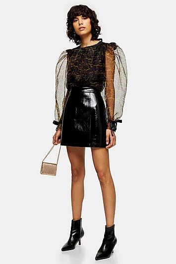 Topshop Black Leopard Organza Blouse With Bow Detail