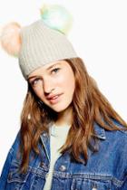 Topshop Grey Beanie With Multicoloured Faux Fur Pom