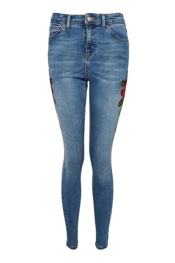 Topshop Moto Blue Embroidered Jamie Jeans