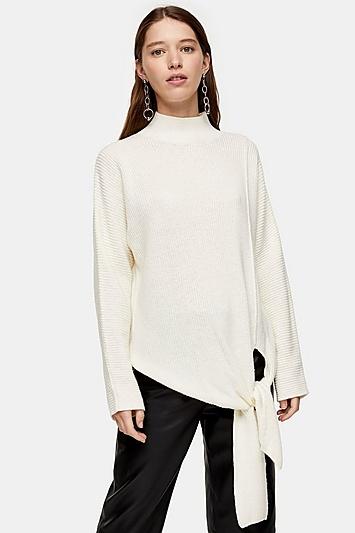 Topshop Knitted Tie Hem Jumper With Wool