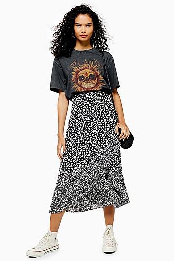 Topshop Vienna Black And White Floral Print Wrap Midi Skirt