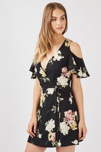 Topshop Floral Cold Shoulder Wrap Dress