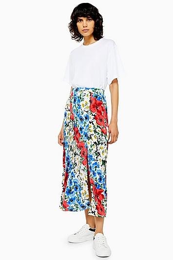 Topshop Floral Box Pleat Midi Skirt