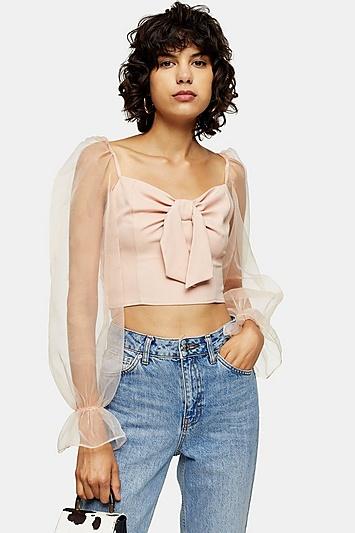 Topshop Nude Sheer Organza Long Sleeve Blouse