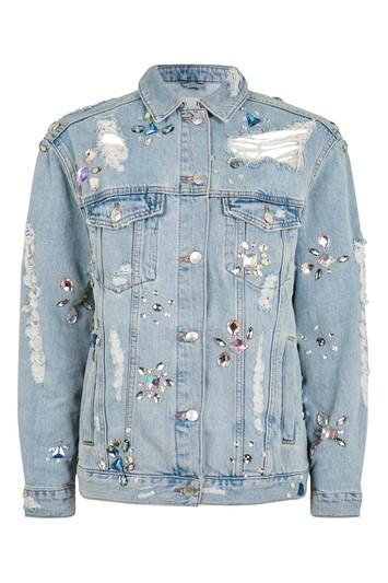 Topshop Moto Crystal Embellished Denim Jacket