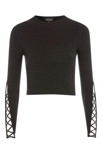 Topshop Petite Lattice Sleeve Rib Top