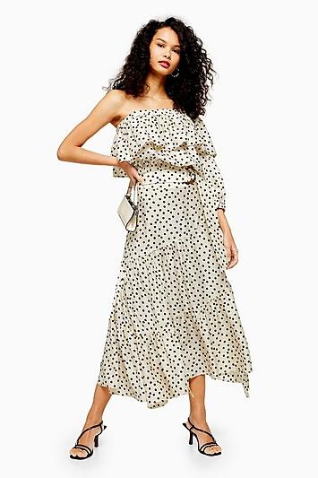 Topshop Cream Spot Tiered Midi Skirt
