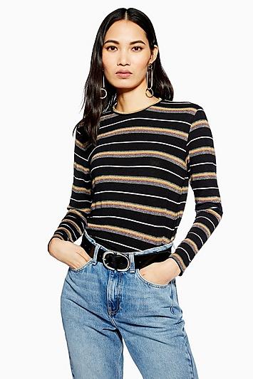 Topshop Petite Glitter Stripe Long Sleeve T-shirt