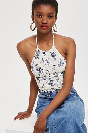 Topshop Petite Shirred Floral Halter Top