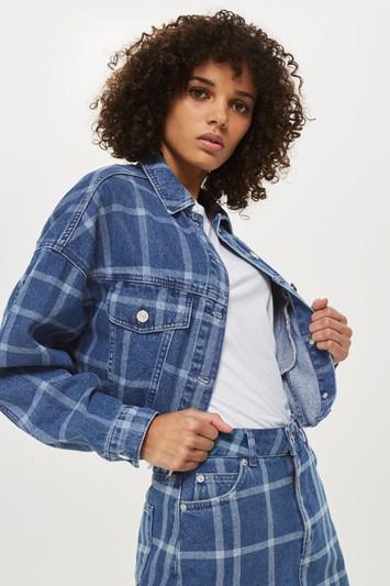 Topshop Checked Crop Denim Jacket