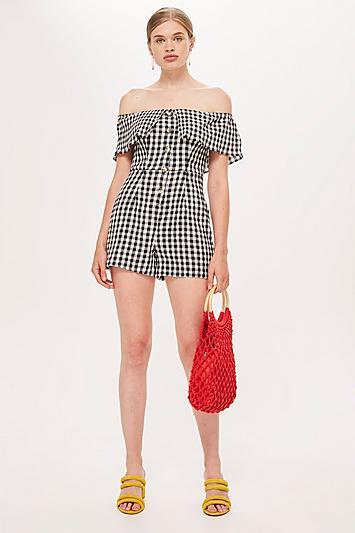 Topshop Petite Gingham Bardot Playsuit