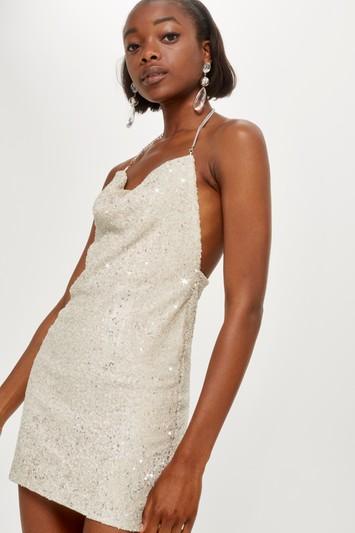 Topshop Brushed Sequin Cowl Neck Dress