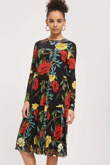 Topshop Floral Print Mesh Skater Dress By Yas