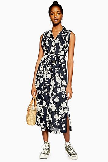 Topshop Belted Floral Sleeveless Dress
