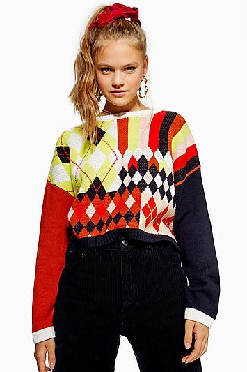 Topshop Spliced Argyle Cropped Jumper